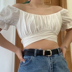 SOLD! White bardot tie back crop top puff sleeves